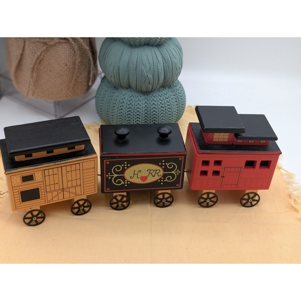 Vintage Handcrafted Wooden Toy Train Set 3 Car Folk Art H RR Caboose Collectible